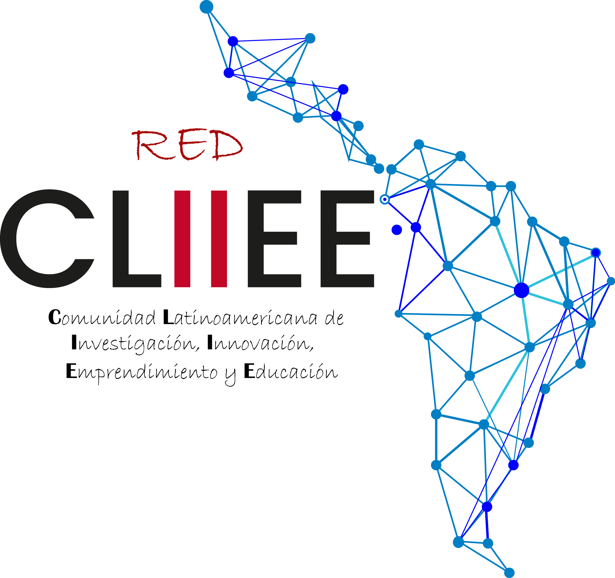 Es un logotipo moderno con fondo negro. A la derecha se ve la silueta del continente americano formada por puntos y líneas conectadas, como una red digital o neuronal, en tonos azules y celestes.
A la izquierda aparece el texto principal:
La palabra **“CLIIEE”** en letras grandes, donde predominan el negro y el rojo (con dos “I” en rojo que destacan visualmente).
Encima, en un estilo más informal, está la palabra **“RED”** escrita en rojo, como si fuera a mano o con pincel.
En conjunto, la imagen transmite una idea de tecnología, conexión, innovación y red colaborativa en América Central y América del Sur, con un estilo limpio y tecnológico.